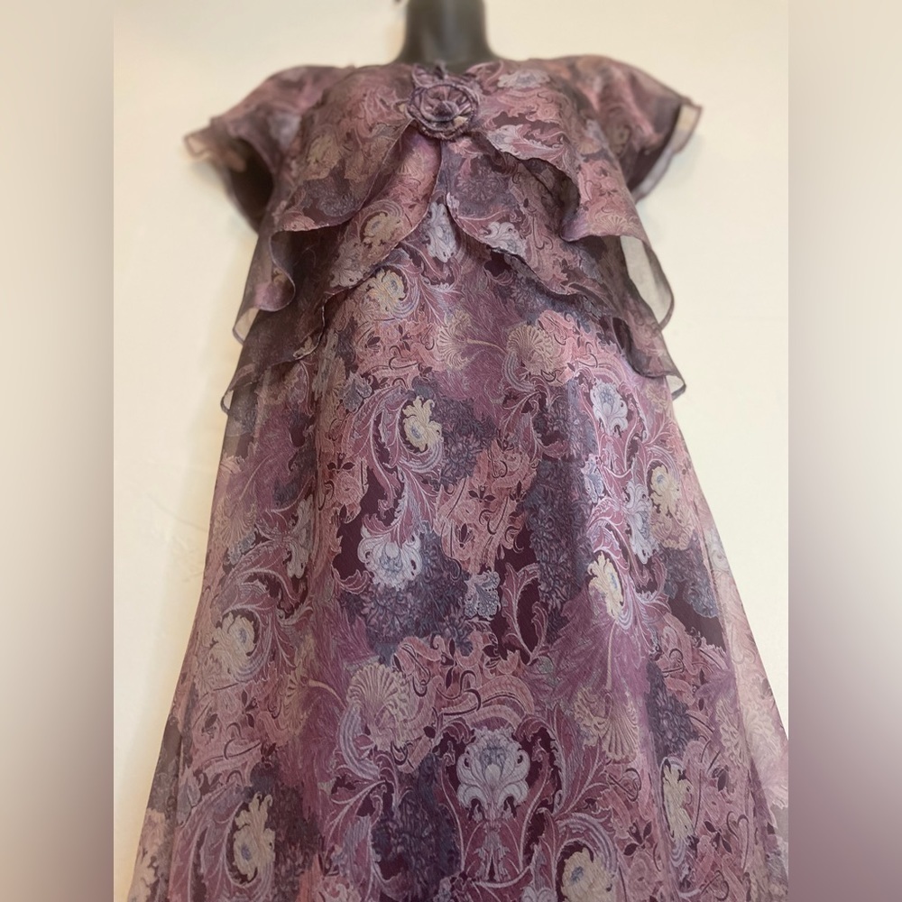 R&M Richards~Floral Sheer Layered Dress~Short Bell Sleeve~Vintage~Lined~Size 10P - Picture 3 of 11